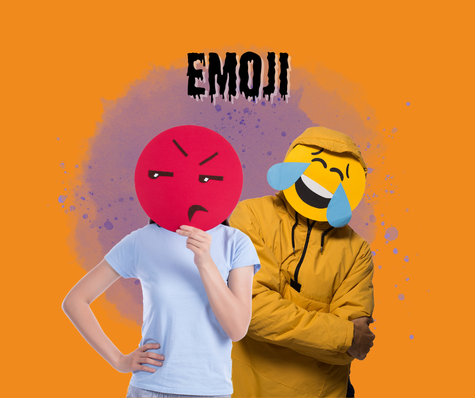 Two people wearing emoji masks.