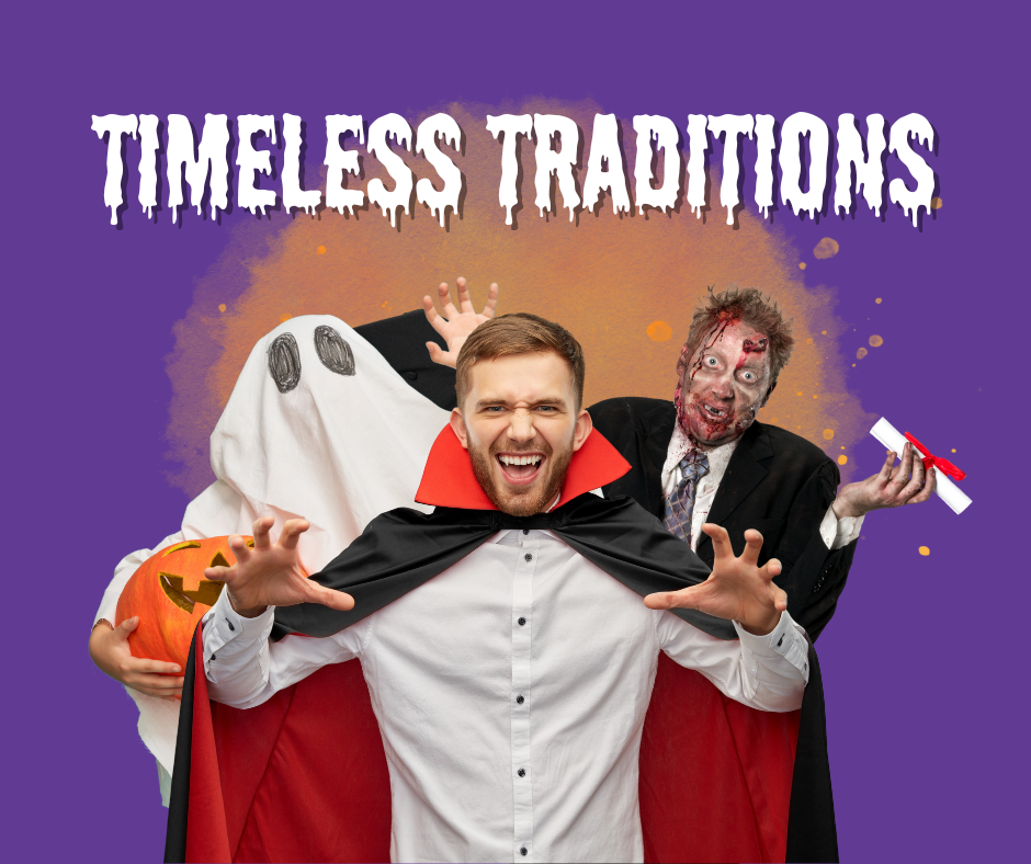 Three people wearing traditional Halloween costumes — one person dressed as a ghost and holding a pumpkin, one person dressed as a vampire with a cloak on, and one man dressed as a zombie.