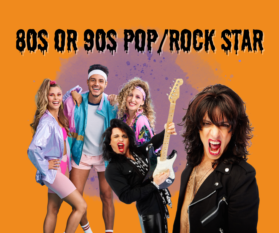 Three people dressed in 80s outfits, and another two people dressed as rock stars.