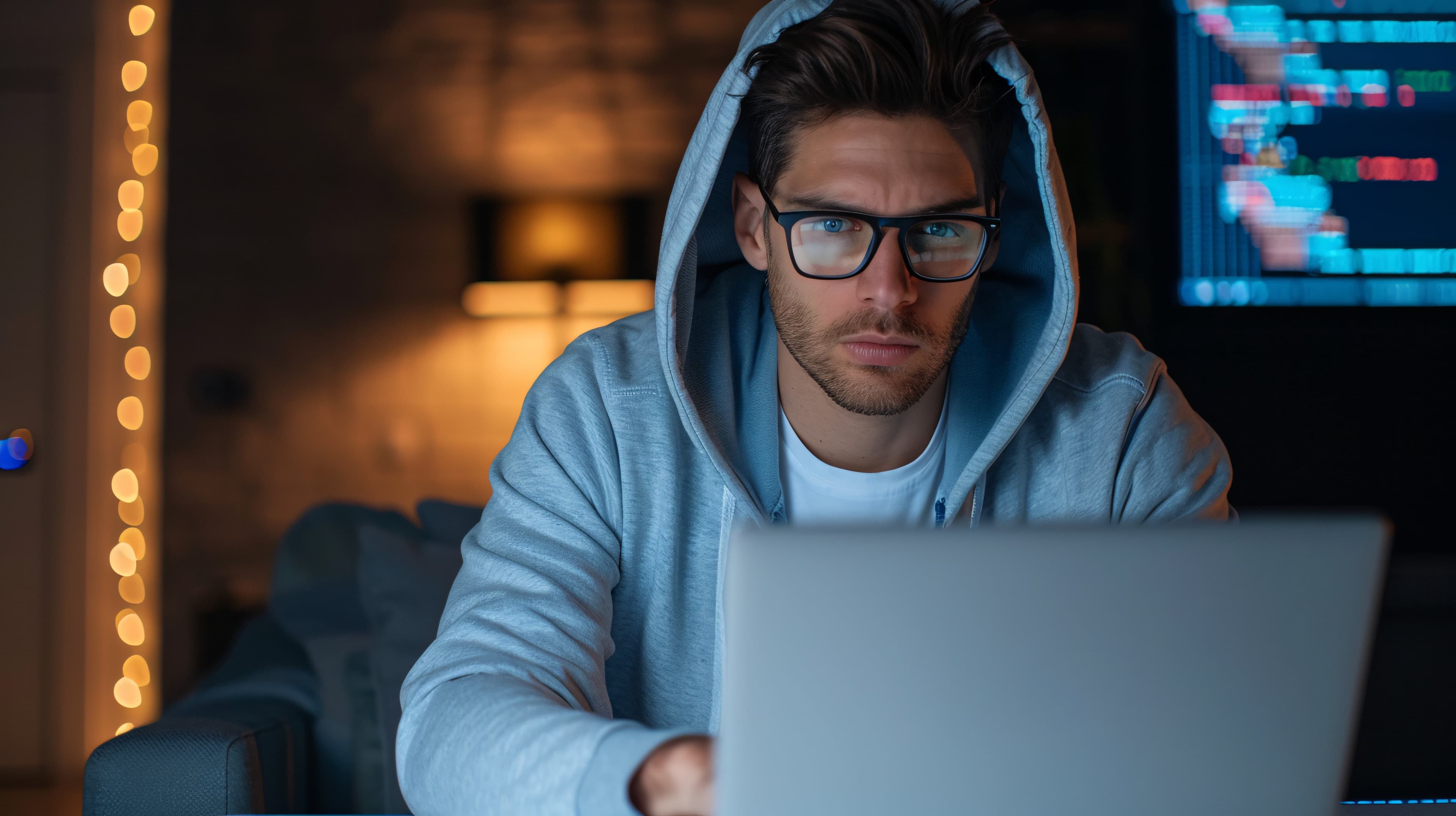 Focused Young Man Coding on Laptop in Dimly Lit Room at Night