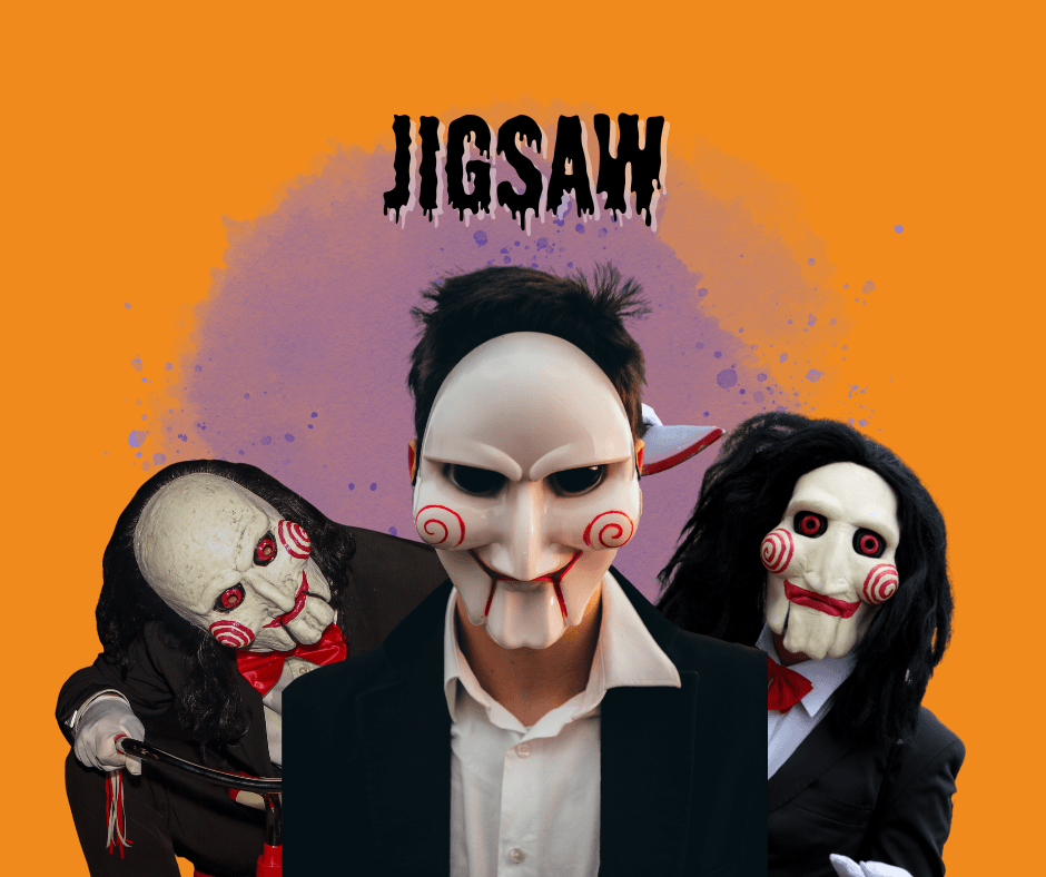 Jigsaw Costume Three men dressed up in suits, red bowties, and masks from a famous character.