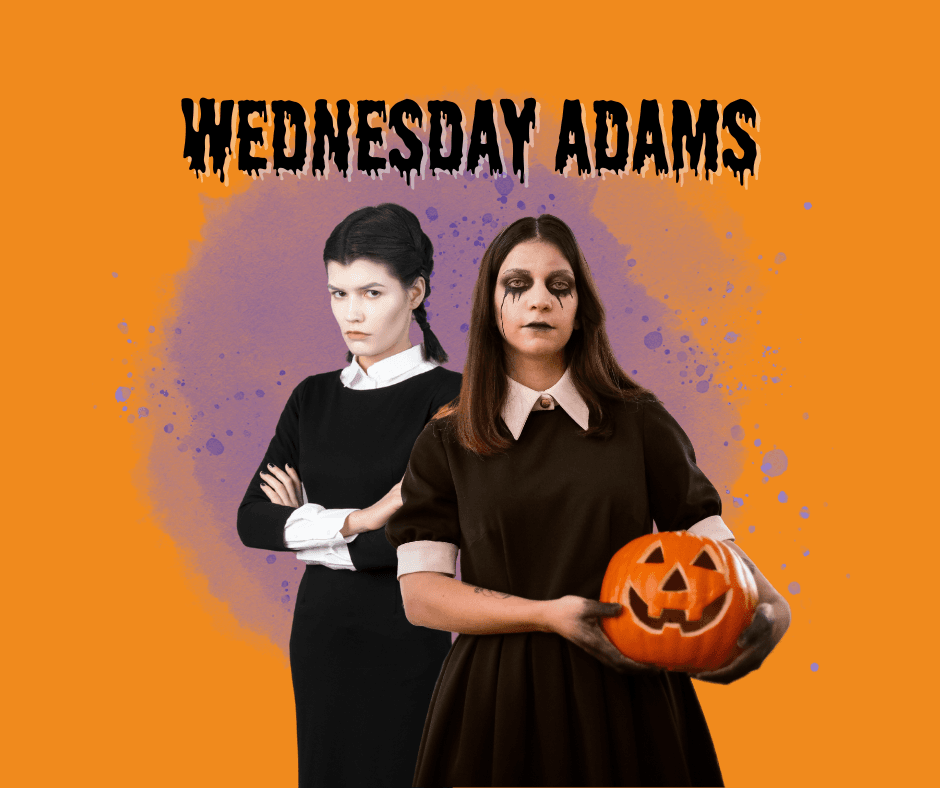 Wednesday Adams Costume Two women dressed in black and white.