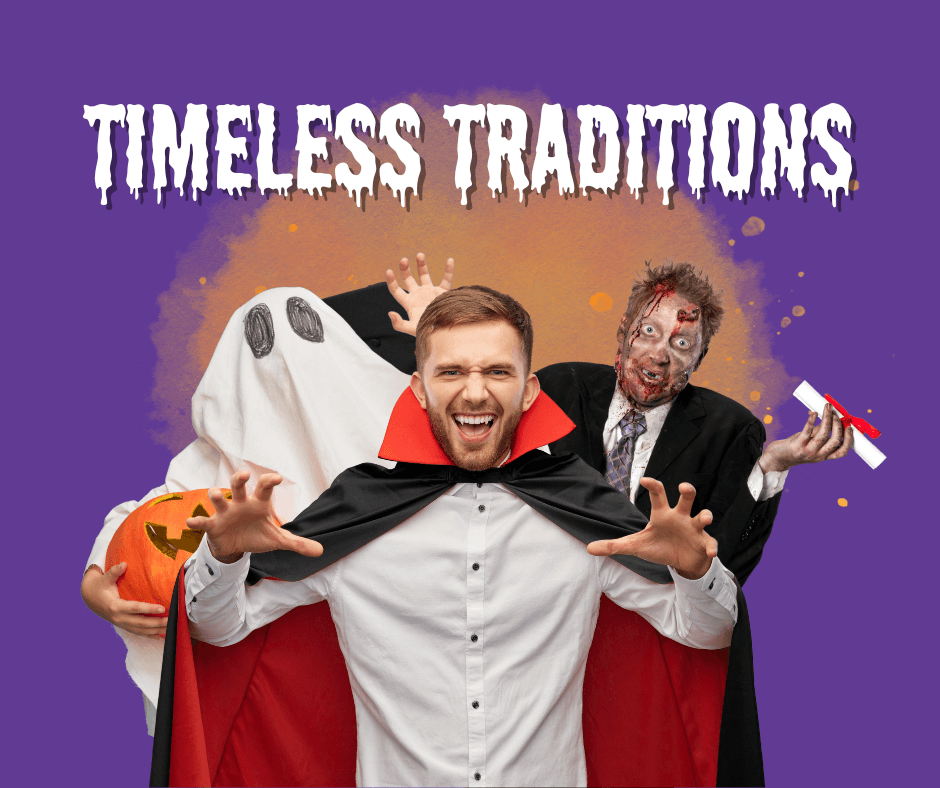 Timeless Halloween Tradition Costumes Three people wearing traditional Halloween costumes — one person dressed as a ghost and holding a pumpkin, one person dressed as a vampire with a cloak on, and one man dressed as a zombie.