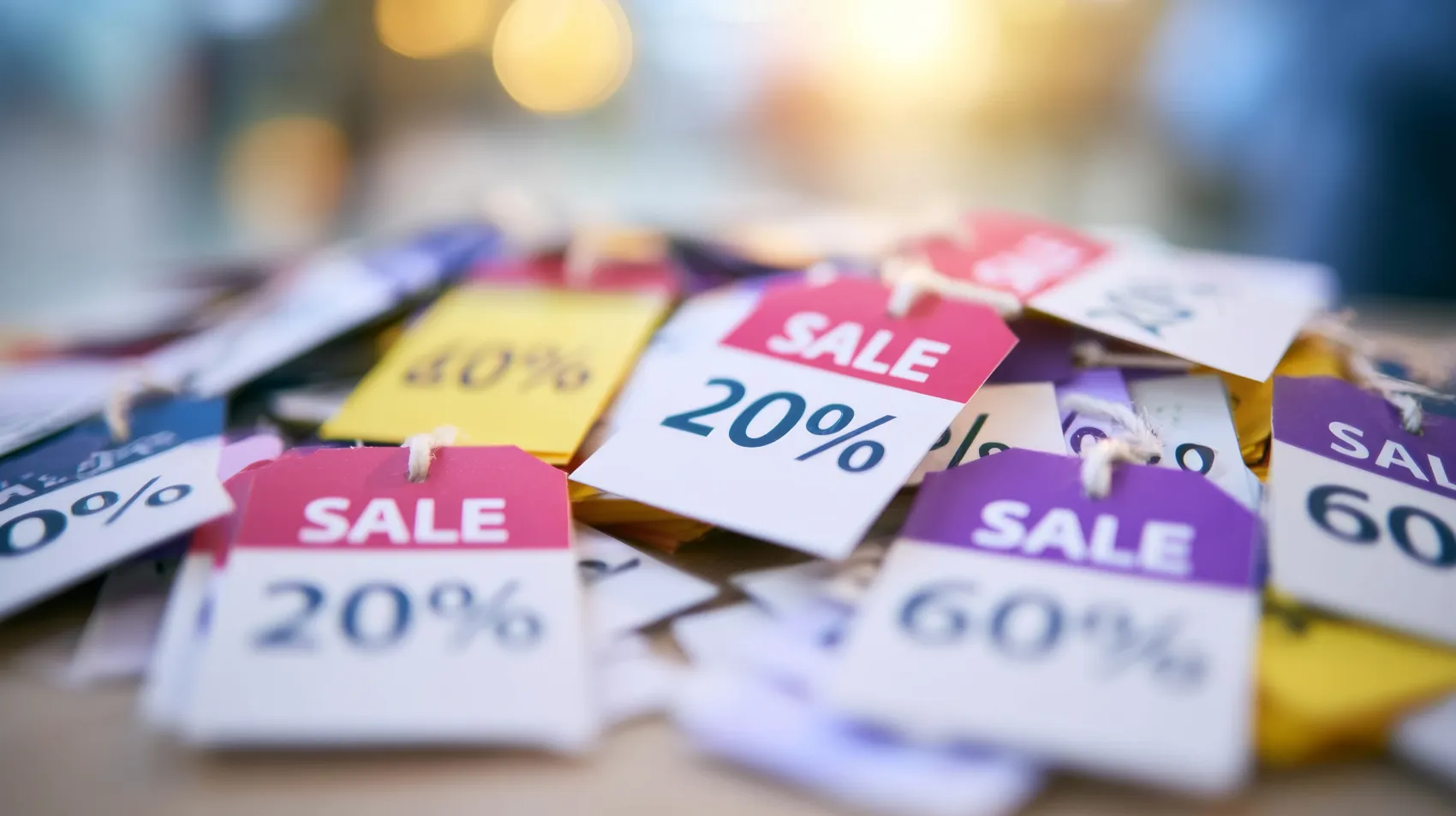 Pile of colorful sale discount tags Pile of colorful sale discount tags