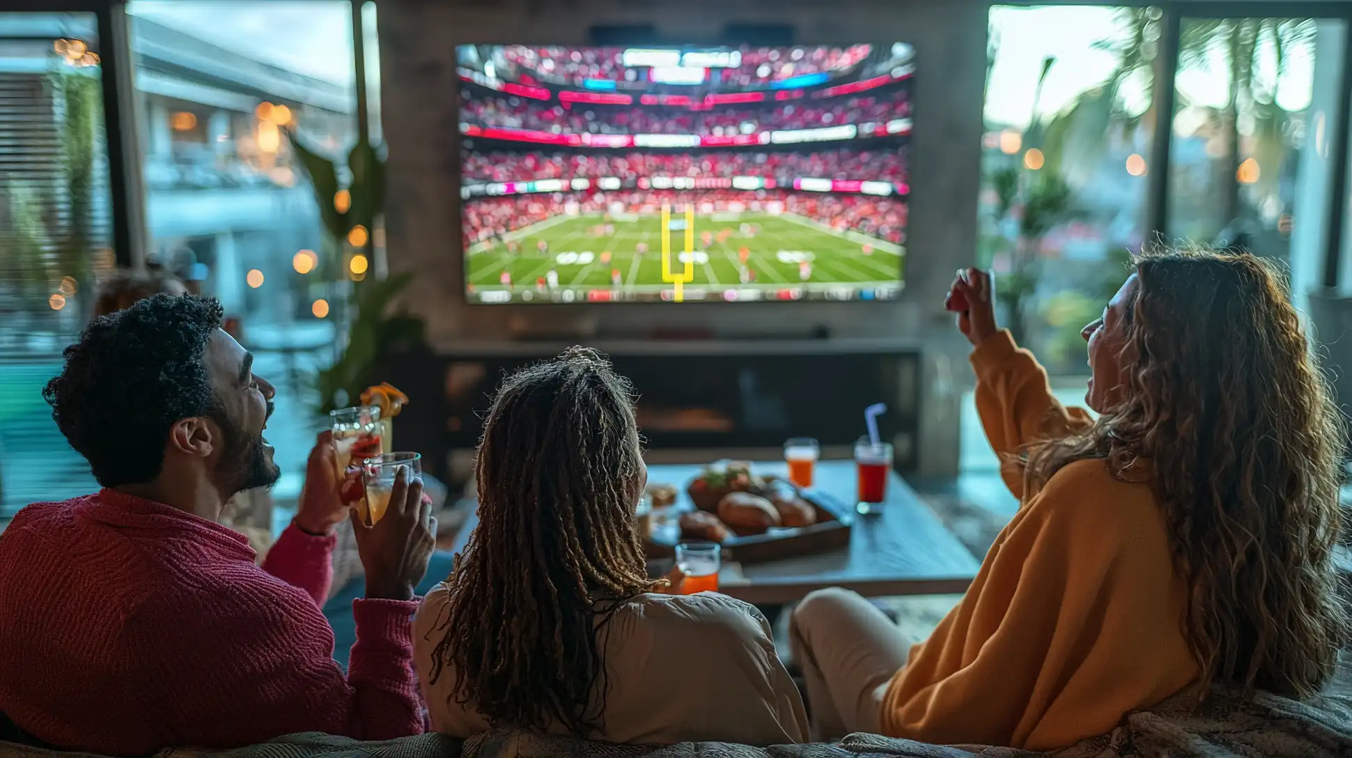 a-group-of-friends-cheering-on-a-football-game-with-snacks-and-drinks-on-a-coffee-table