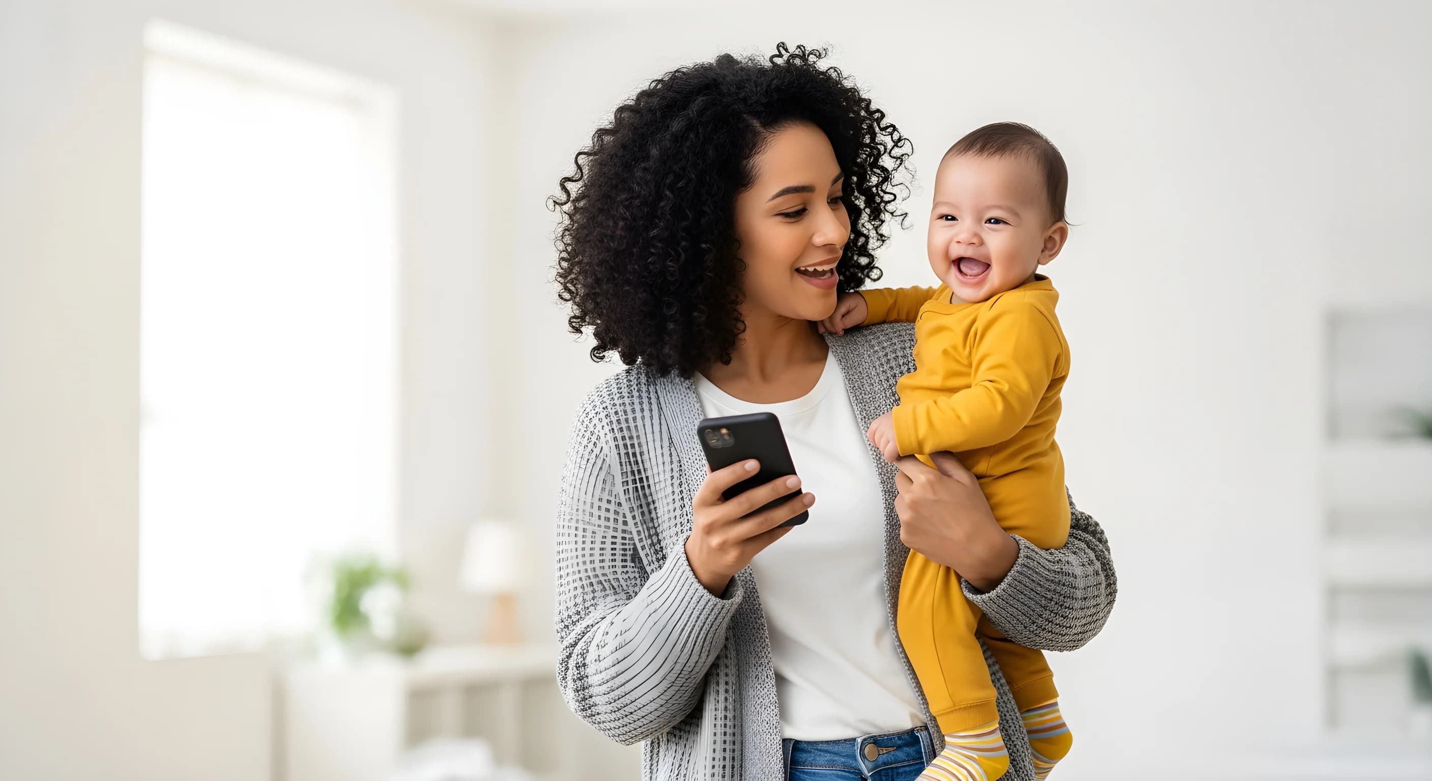 Happy mother holding her baby while looking at her smartphone at home