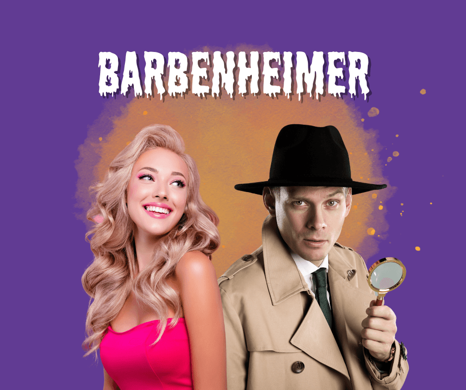Barbenheimer Costume A blonde woman dressed in pink and a man wearing a brown coat, a black hat, and holding a magnifying glass.