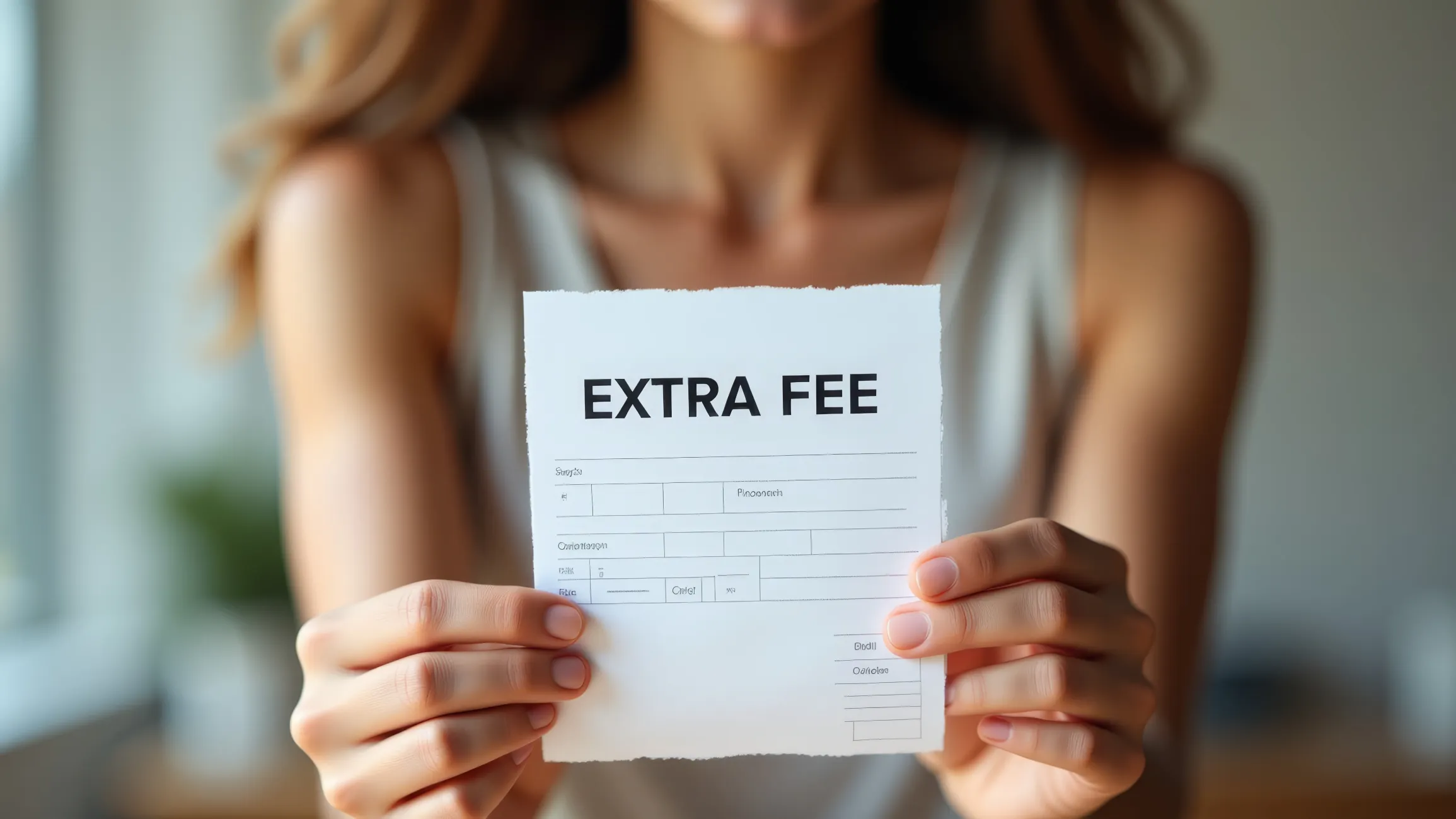 Woman holding extra fee paper close to camera showing cost increase Woman holding extra fee paper close to camera showing cost increase