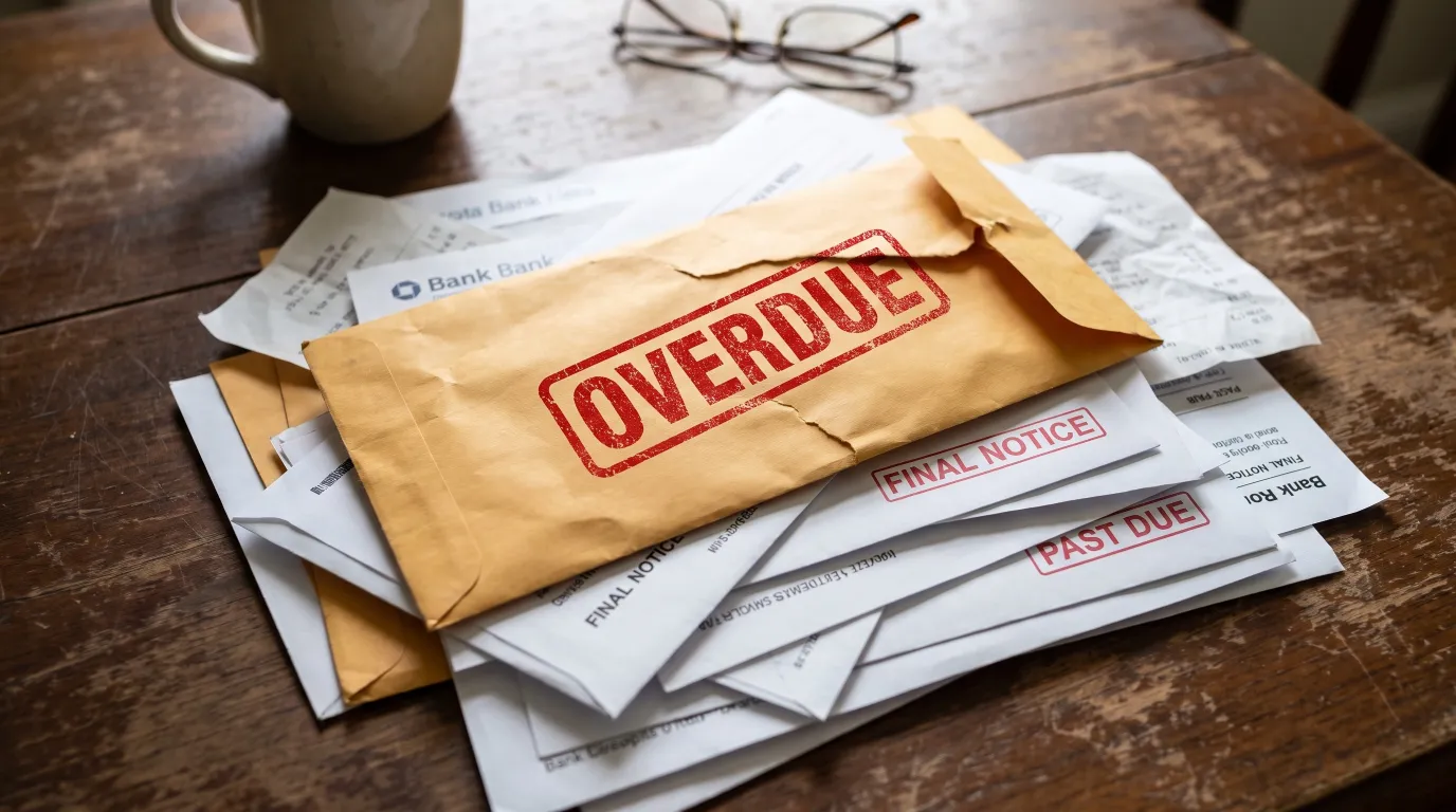 Overdue notice stamped on a stack of unpaid bills Overdue notice stamped on a stack of unpaid bills