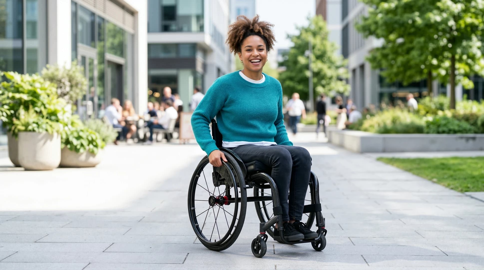 Smiling young woman sitting in a wheelchair